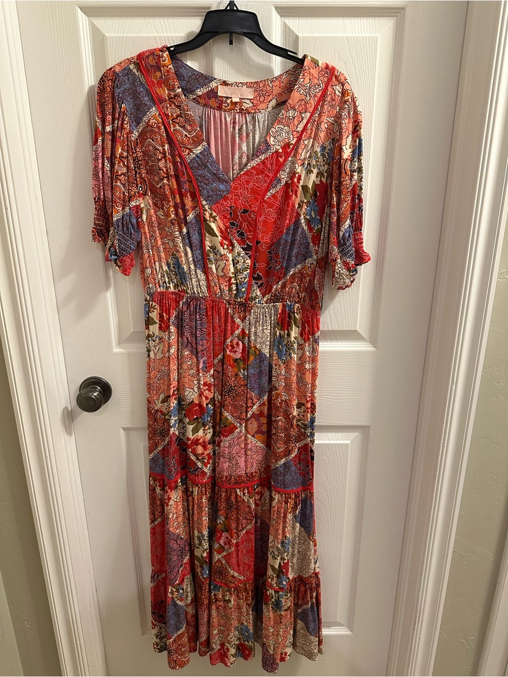 Red Multi Patchwork V-Neck Maxi Dress